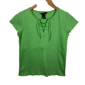 Women M Baby Tee Kelly Green Lettuce Hem Tie Neck Line Y2K Bratz Ribbed Cotton
